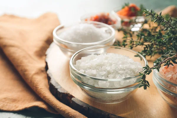 Composition Different Salt Thyme Table Closeup — Stock Photo, Image