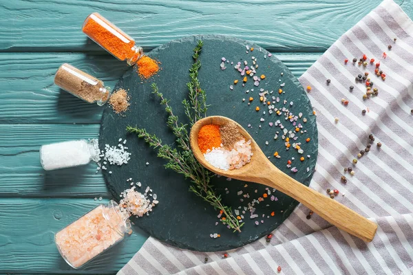 Composition Different Salt Herbs Spices Color Wooden Background — Stock Photo, Image