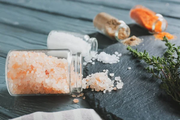 Composition Different Salt Herbs Dark Wooden Background Closeup — Stock Photo, Image