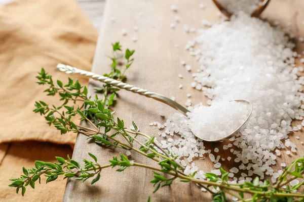 Spoon Salt Thyme Table Closeup — Stock Photo, Image