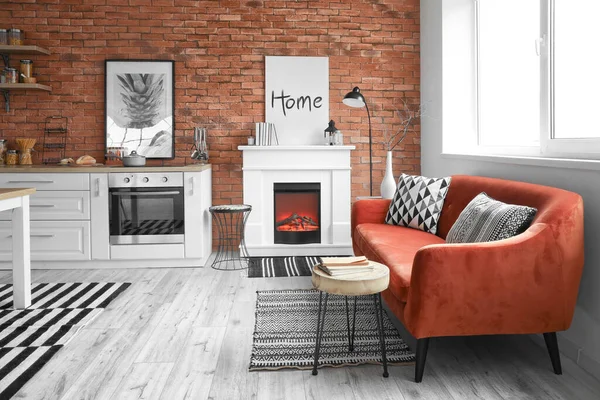Stylish Fireplace Interior Modern Kitchen — Stock Photo, Image