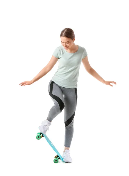 Sporty Young Woman Skateboard White Background — Stock Photo, Image