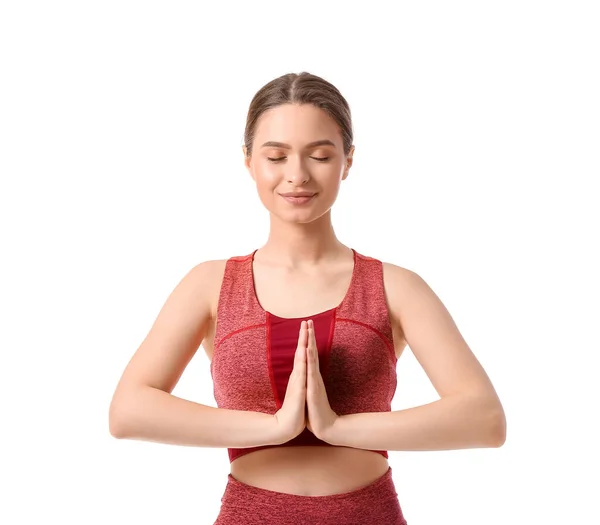 Sporty Young Woman Doing Yoga White Background — Stock Photo, Image