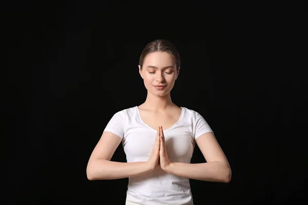 Sporty Young Woman Doing Yoga Dark Background — Stock Photo, Image