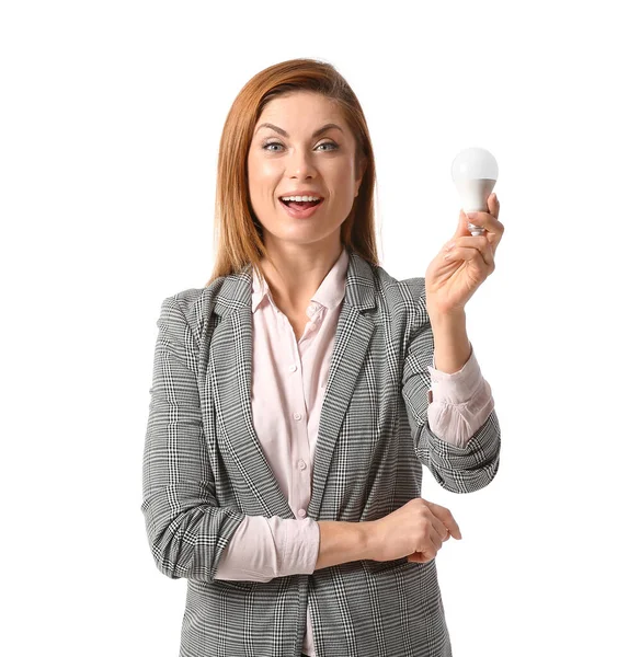 Geschäftsfrau Mit Glühbirne Auf Weißem Hintergrund Konzept Der Idee — Stockfoto