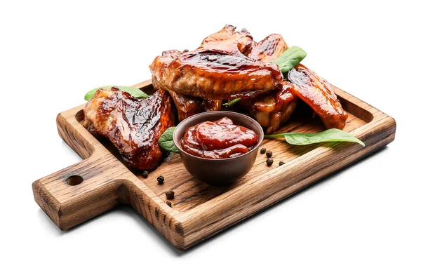 Board Roasted Chicken Wings Sauce White Background — Stock Photo, Image