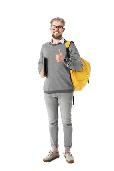 Male Student Laptop Showing Thumb White Background — Stock Photo, Image