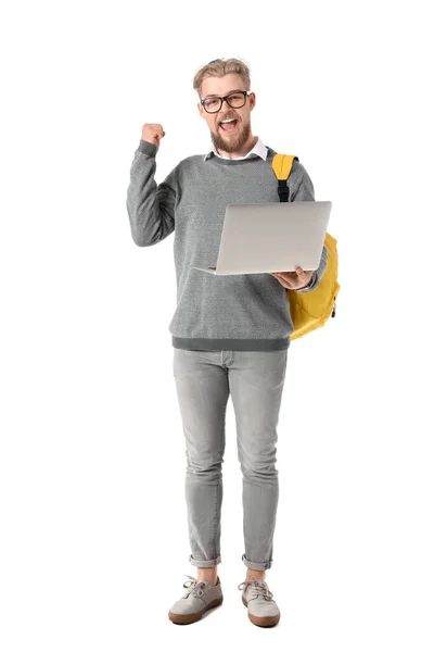 Glücklicher Männlicher Student Mit Laptop Auf Weißem Hintergrund — Stockfoto