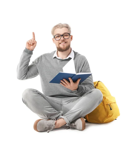 Estudiante Masculino Con Libro Dedo Índice Elevado Sobre Fondo Blanco —  Fotos de Stock