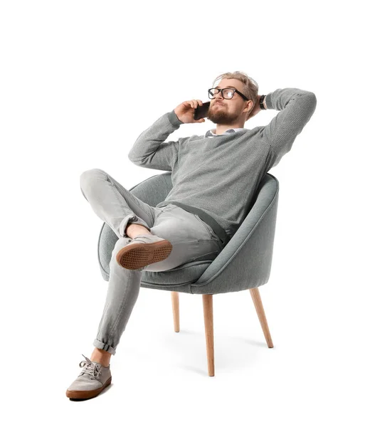 Handsome Young Man Talking Phone While Sitting Armchair White Background — Stock Photo, Image