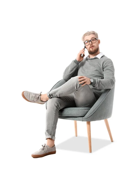 Handsome Young Man Talking Phone While Sitting Armchair White Background — Stock Photo, Image