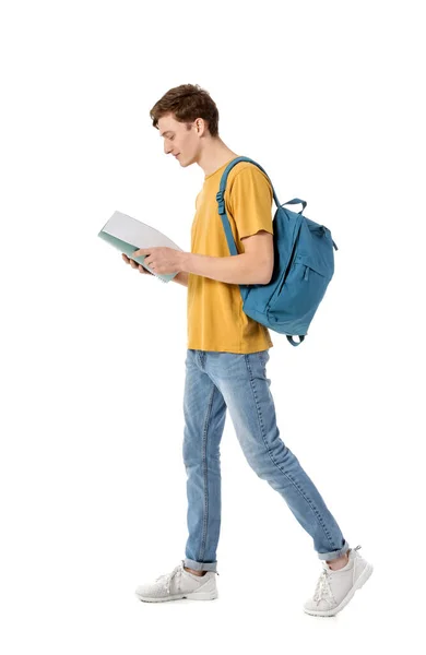Estudiante Masculino Con Libro Sobre Fondo Blanco — Foto de Stock