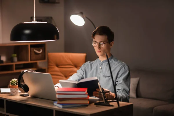 Young Man Studying Online Home Evening — Stock Photo, Image