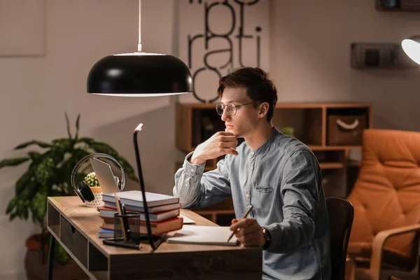 Young Man Studying Online Home Evening — Stock Photo, Image