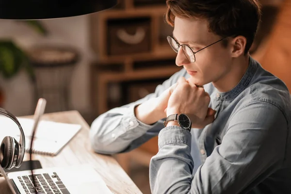 Young Man Studying Online Home Evening — Stock Photo, Image