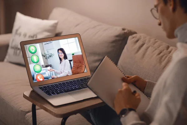 Young Man Studying Online Home Evening — Stock Photo, Image