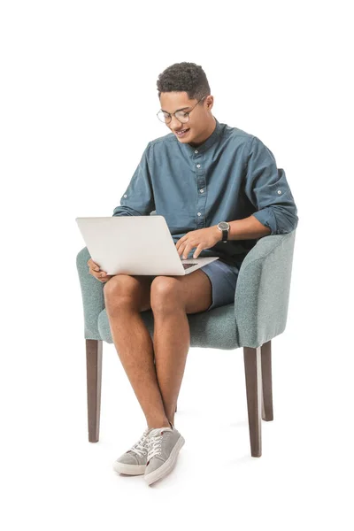 Young African American Guy Laptop Sitting Armchair White Background — Stock Photo, Image