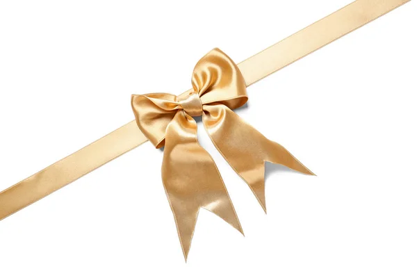 Beautiful Golden Ribbon Bow White Background — Stock Photo, Image
