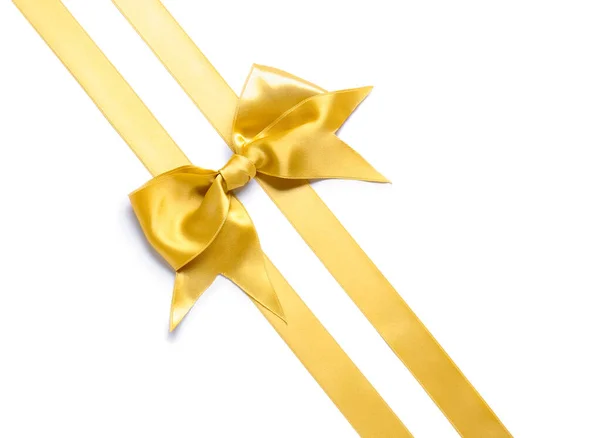 Beautiful Golden Ribbons Bow White Background — ストック写真