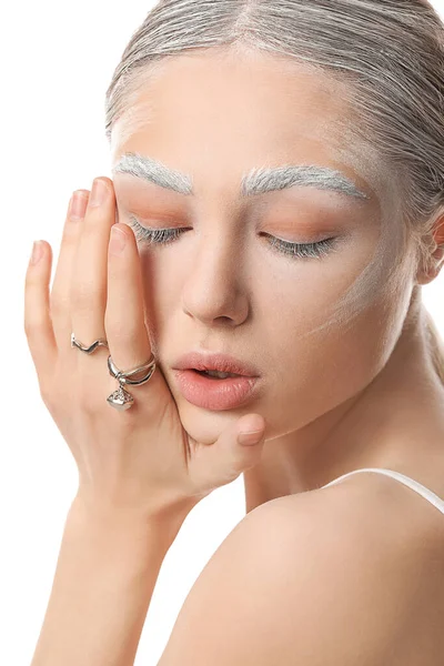 Beautiful Young Woman Dyed Eyebrows Stylish Rings White Background — Stock Photo, Image