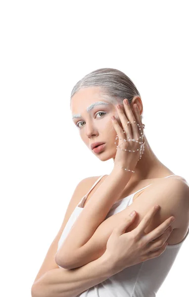 Hermosa Mujer Joven Con Cejas Teñidas Sobre Fondo Blanco — Foto de Stock