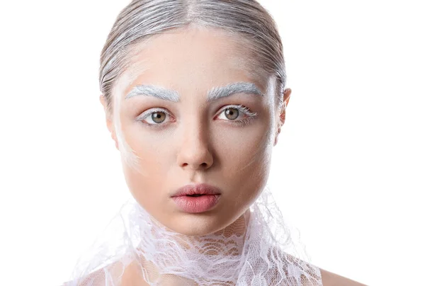 Hermosa Mujer Joven Con Cejas Teñidas Sobre Fondo Blanco — Foto de Stock