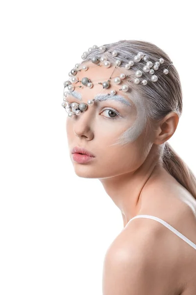 Beautiful Young Woman Dyed Eyebrows Stylish Accessory White Background — Stock Photo, Image