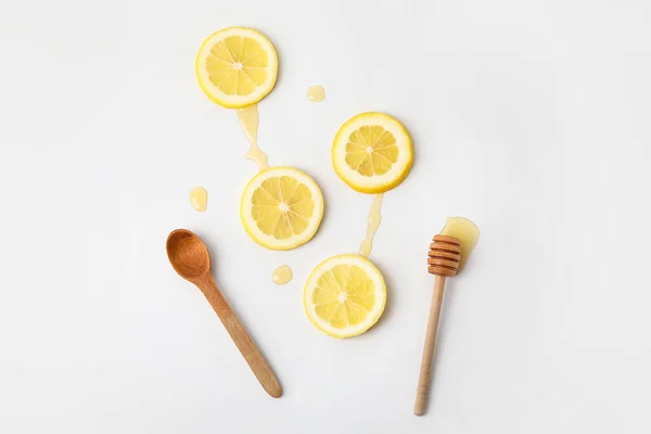 Composition Lemon Slices Honey White Background — Stock Photo, Image