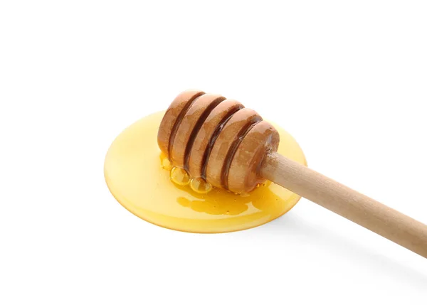 Wooden Dipper Spilled Honey White Background — Stock Photo, Image