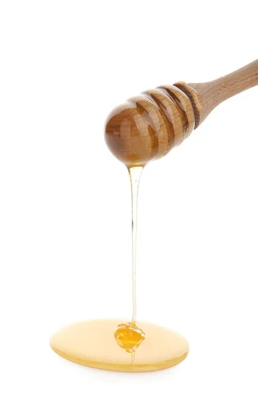 Honey Pouring Wooden Dipper White Background — Stock Fotó