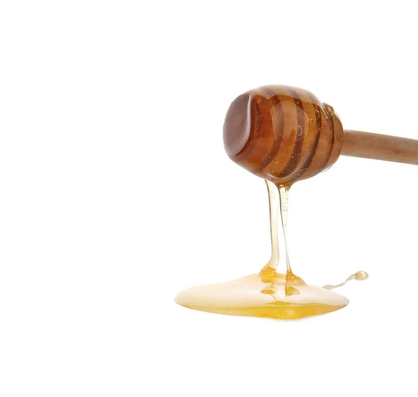 Honey Pouring Wooden Dipper White Background — ストック写真