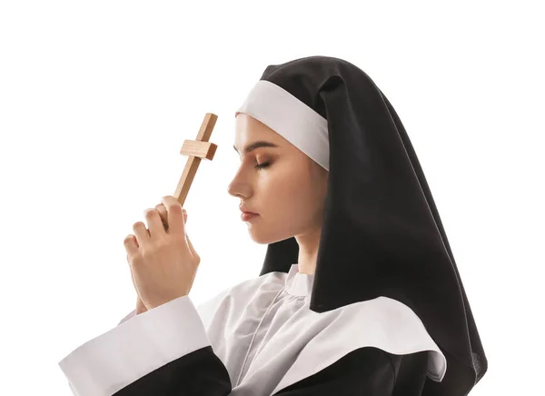 Young Praying Nun White Background — Stock Photo, Image