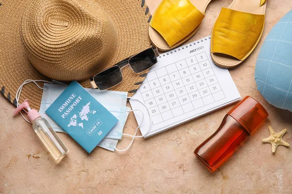 Calendar Beach Accessories Medical Masks Immune Passport Color Background — Stock Photo, Image