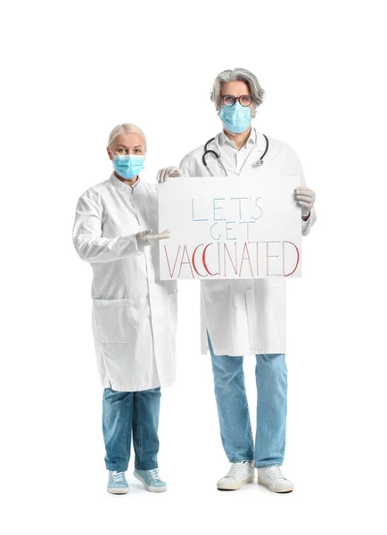 Lékaři Držící Plakát Textem Let Get Vaccined White Background — Stock fotografie