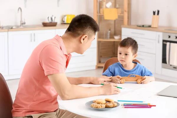 Father His Little Son Playing Home — Stock Photo, Image