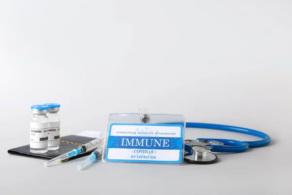 Immune Card Passport Stethoscope Covid Vaccine Grey Background — Stock Photo, Image