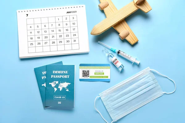 Immune Passports Card Calendar Wooden Airplane Medical Mask Covid Vaccine — Stock Photo, Image