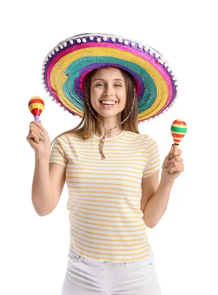 Happy Young Mexican Woman Sombrero Hat Maracas White Background — Stock Photo, Image