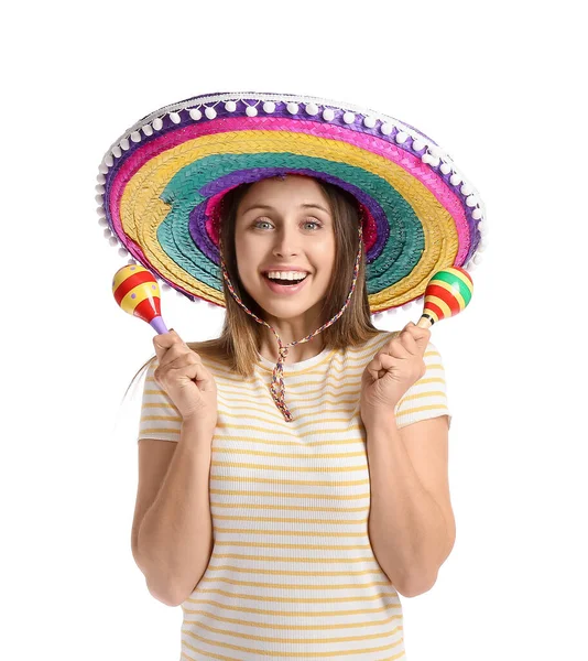 Felice Giovane Donna Messicana Cappello Sombrero Con Maracas Sfondo Bianco — Foto Stock