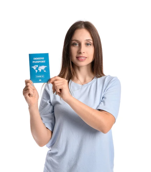 Giovane Donna Con Passaporto Immunitario Sfondo Bianco — Foto Stock