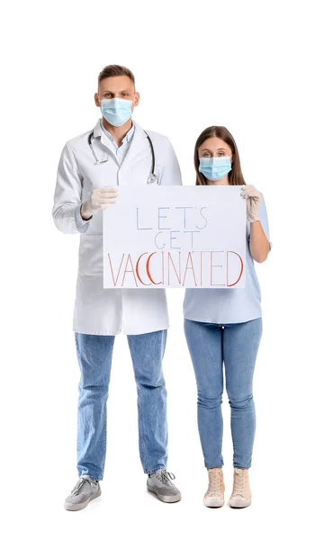 Doctor Patient Holding Poster Text Let Get Vaccinated White Background — ストック写真