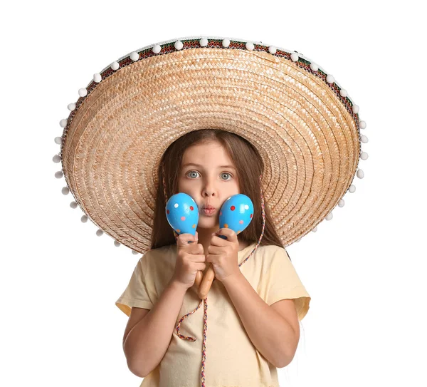 Roztomilé Mexické Dívka Sombrero Klobouk Maracas Bílém Pozadí — Stock fotografie