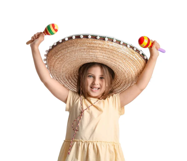 Happy Mexican Girl Sombrero Hat Maracas White Background — Stock Photo, Image