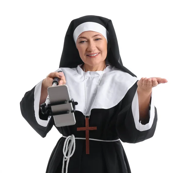 Mature Nun Taking Selfie White Background — Stock Photo, Image