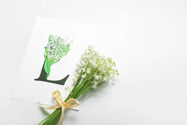 Piękne Kwiaty Lilii Doliny Kartka Życzeniami Białym Tle — Zdjęcie stockowe