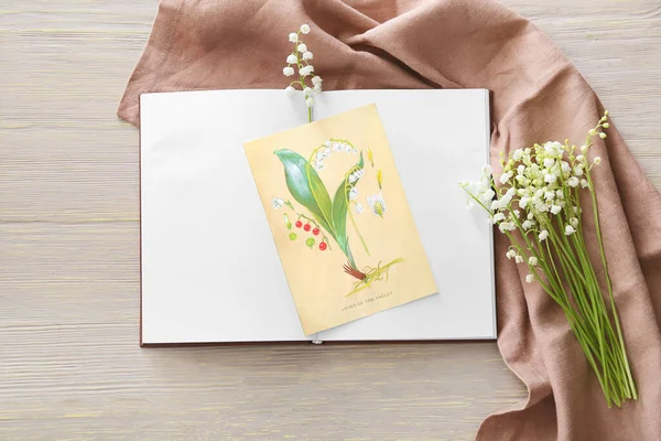 Прекрасні Квіти Лілії Долини Блокнот Вітальна Листівка Дерев Яному Фоні — стокове фото