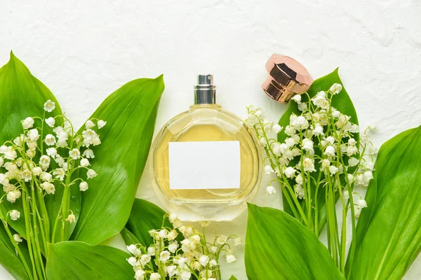 淡い背景の香水とユリの谷の花のボトル — ストック写真