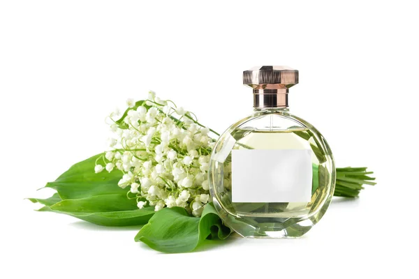 Egy Üveg Parfüm Liliom Völgyben Virágok Fehér Alapon — Stock Fotó