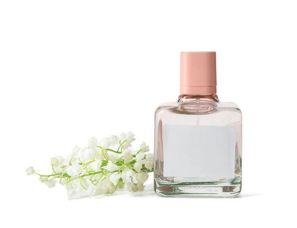 Butelka Perfum Kwiatów Lilii Dolinie Białym Tle — Zdjęcie stockowe