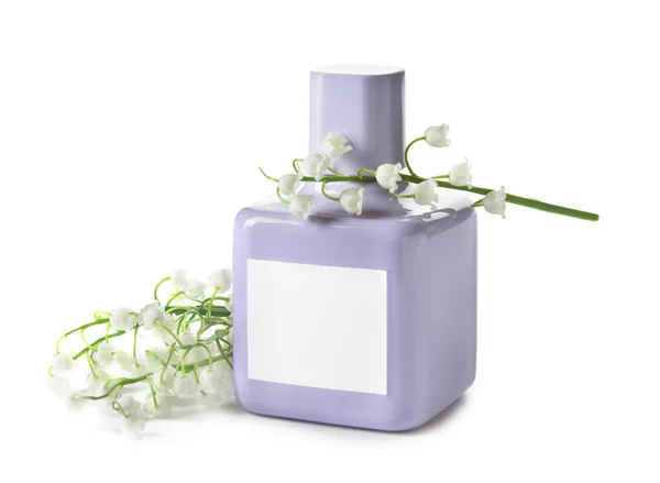Eine Flasche Parfüm Und Maiglöckchen Blumen Auf Weißem Hintergrund — Stockfoto